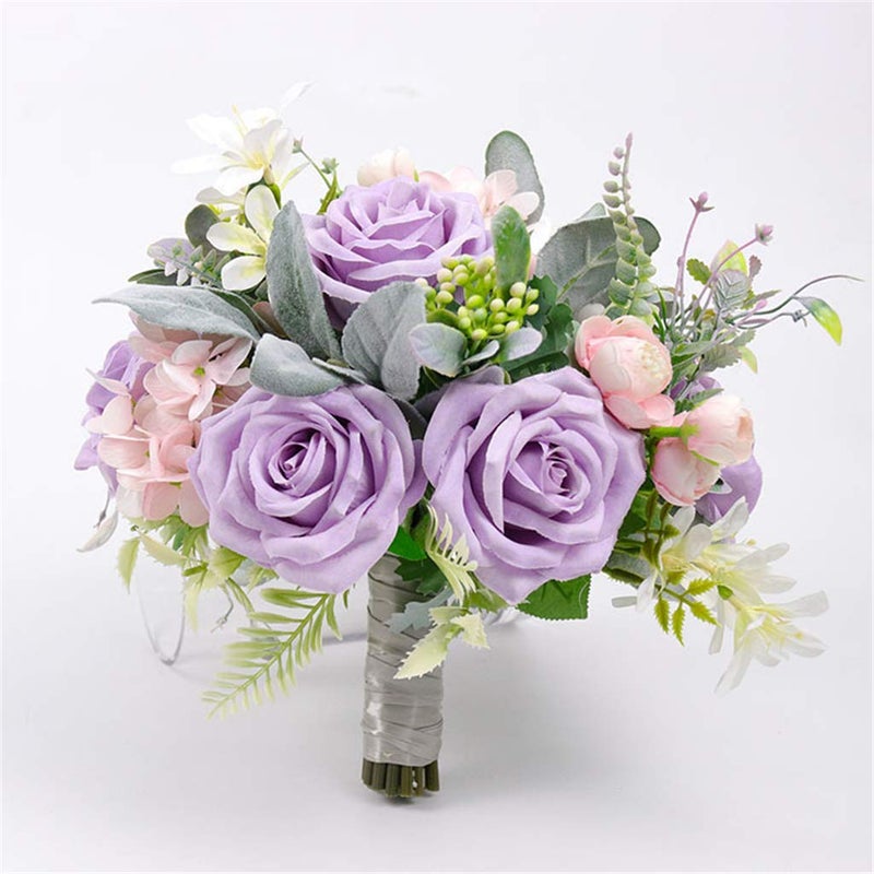 Fiwisora Bridal Holding Wedding Bouquet Fabric Lavender Pink Rose Peony Mix Flowers Bridal Throw Bouquet for Wedding Brides Bridesmaid Hold Flower - Image 2
